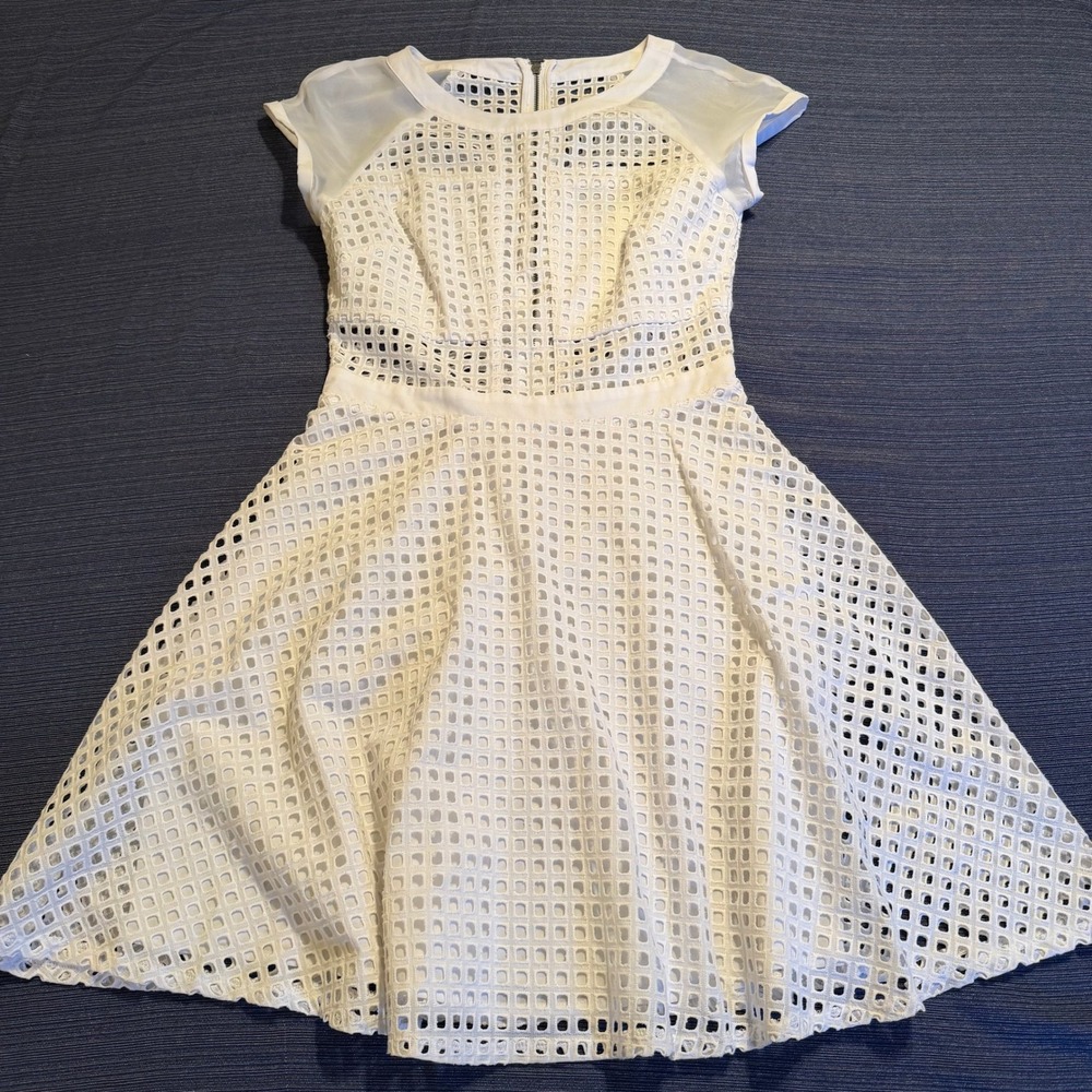 Sam Edelman White Geometric Eyelet Lace Fit and Flare Dress Size 6 SE7154EY